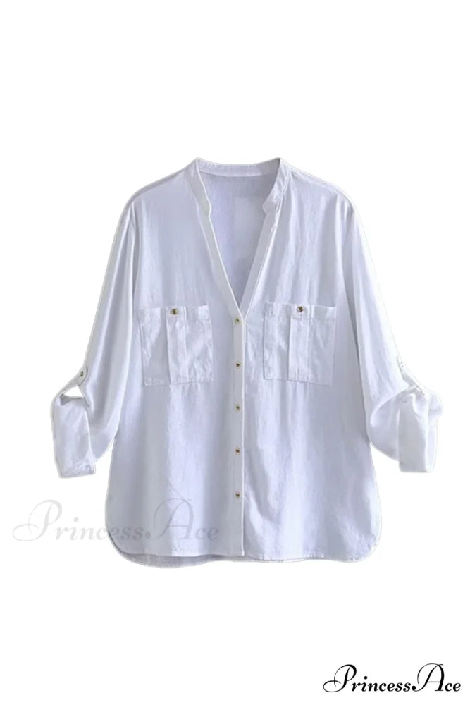 Button-Up Arm Pocket V-neck Roll-up Top White / XS