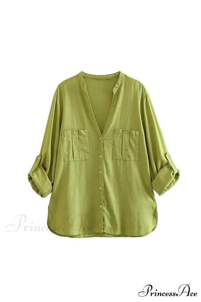 Button-Up Arm Pocket V-neck Roll-up Top Yellow-green / XS