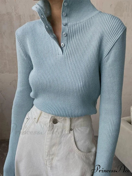 Button Up Collar Trendy Ribbed Knit Top LightBlue / XS