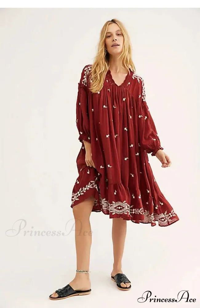 Button Up Ebony Embroidery Retro Cotton Boho Dress bohodress-250126