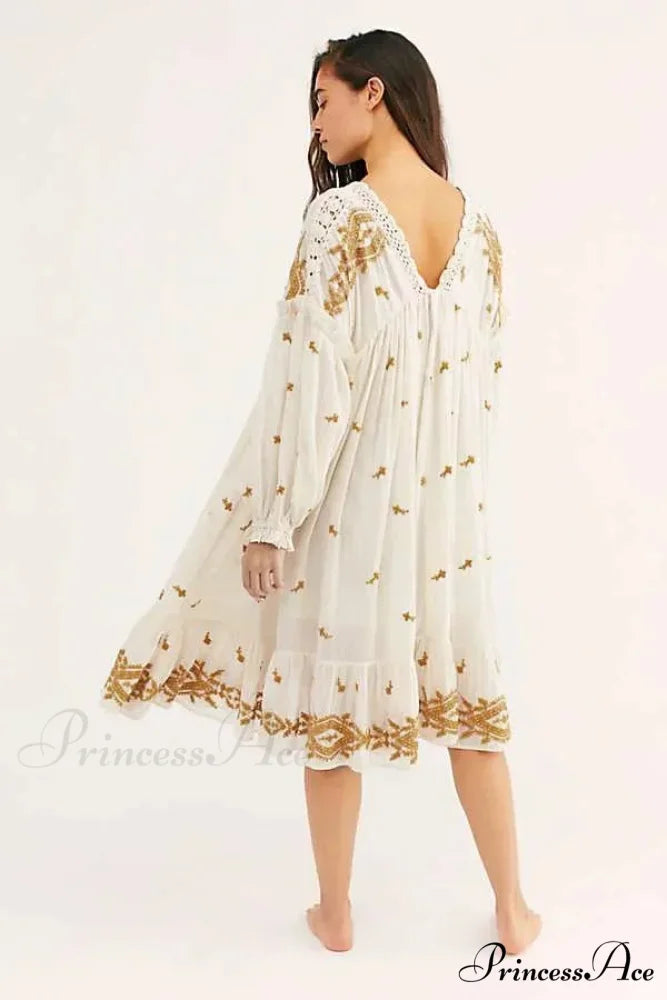 Button Up Ebony Embroidery Retro Cotton Boho Dress bohodress-250126