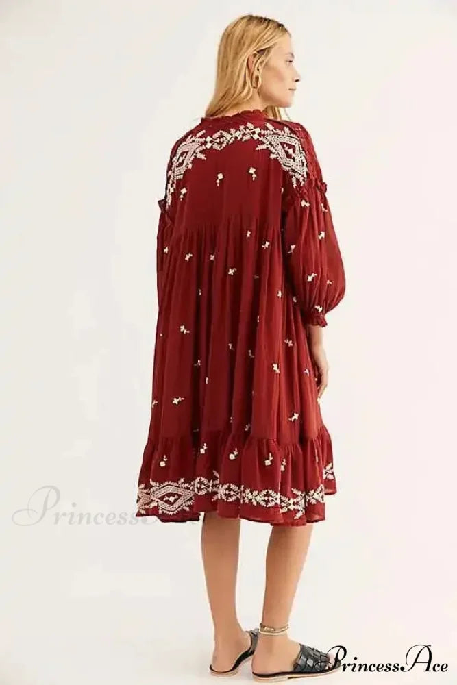 Button Up Ebony Embroidery Retro Cotton Boho Dress bohodress-250126