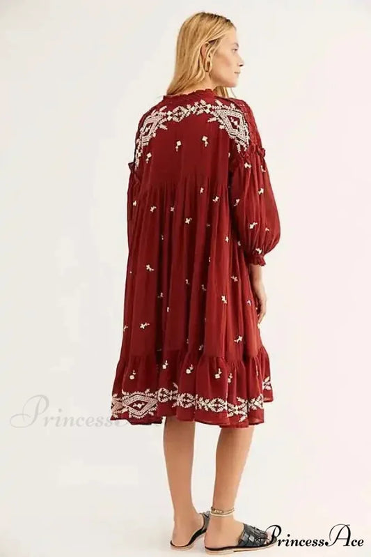 Button Up Ebony Embroidery Retro Cotton Boho Dress bohodress-250126