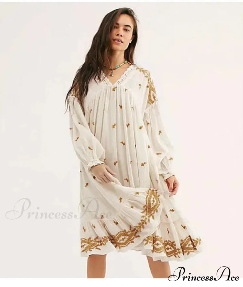 Button Up Ebony Embroidery Retro Cotton Boho Dress bohodress-250126