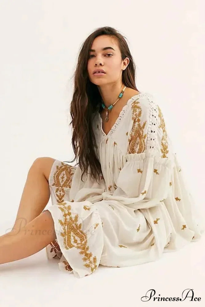 Button Up Ebony Embroidery Retro Cotton Boho Dress Off white / S bohodress-250126