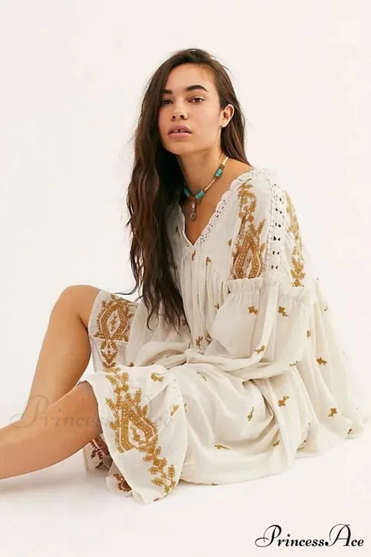 Button Up Ebony Embroidery Retro Cotton Boho Dress Off white / S bohodress-250126