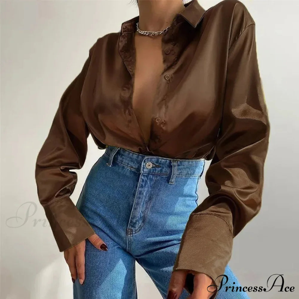 Button Up Glossy Long Sleeve Ivory Blouse Brown / S blouse-250223