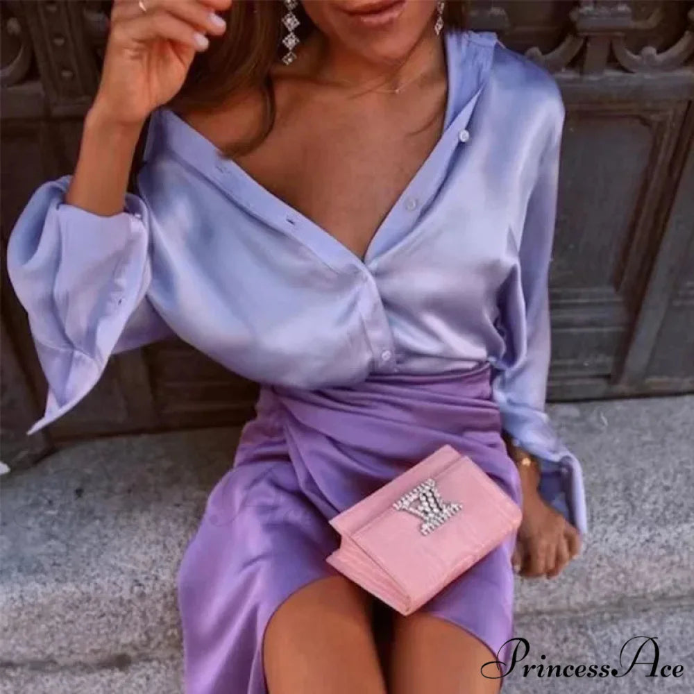 Button Up Glossy Long Sleeve Ivory Blouse PURPLE / S blouse-250223