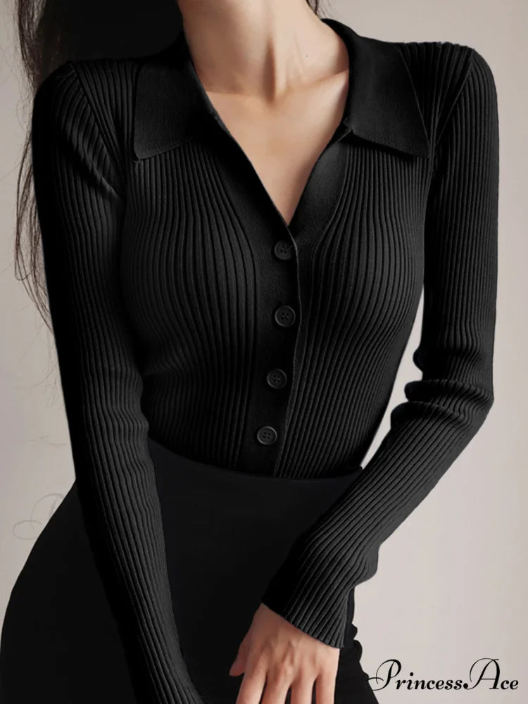 Button Up Graceful Collared Cardigan Black / XS