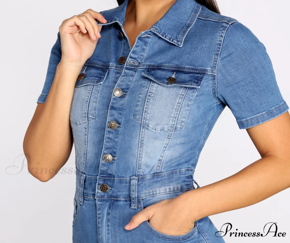 Button Up In Charming Denim Frayed Dress