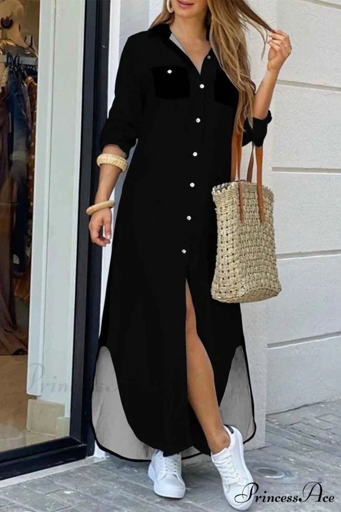 Button Up Pocket Shirt Dress - Long Sleeve Black / S