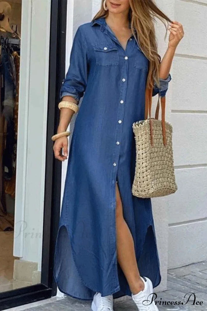 Button Up Pocket Shirt Dress - Long Sleeve Denim Blue / S
