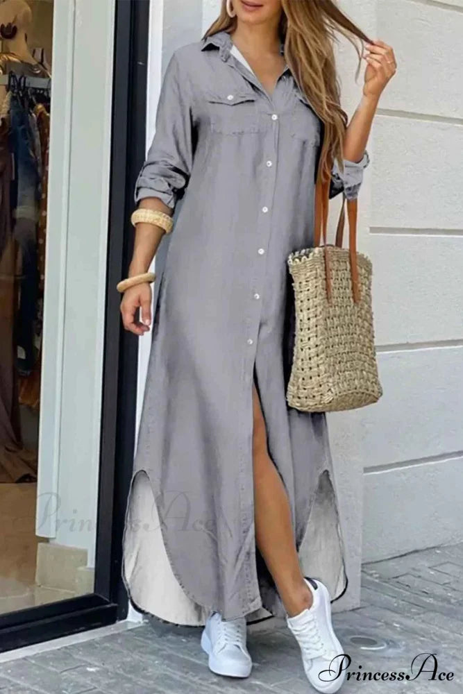 Button Up Pocket Shirt Dress - Long Sleeve Grey / S