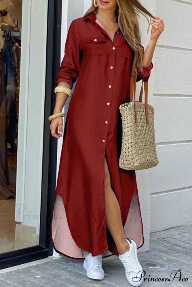 Button Up Pocket Shirt Dress - Long Sleeve Wine Red / S