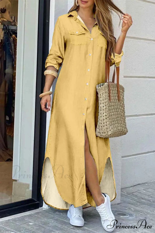 Button Up Pocket Shirt Dress - Long Sleeve Yellow / S