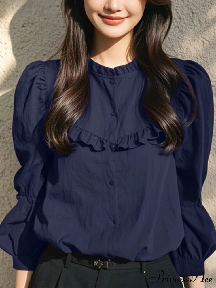 Button-Up Round-neck Lantern Sleeve Informal Blouse Dark Blue / S blouse-250126