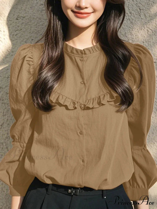 Button-Up Round-neck Lantern Sleeve Informal Blouse Khaki / S blouse-250126