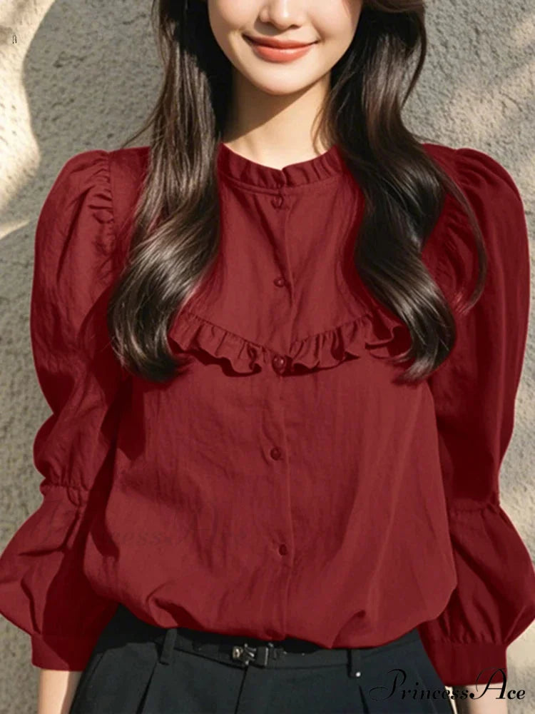 Button-Up Round-neck Lantern Sleeve Informal Blouse Red / S blouse-250126
