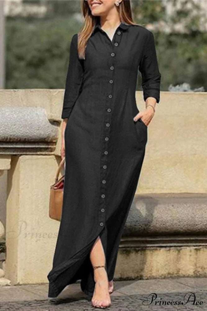 Button Up Shirt Dress with Lapel Black / S