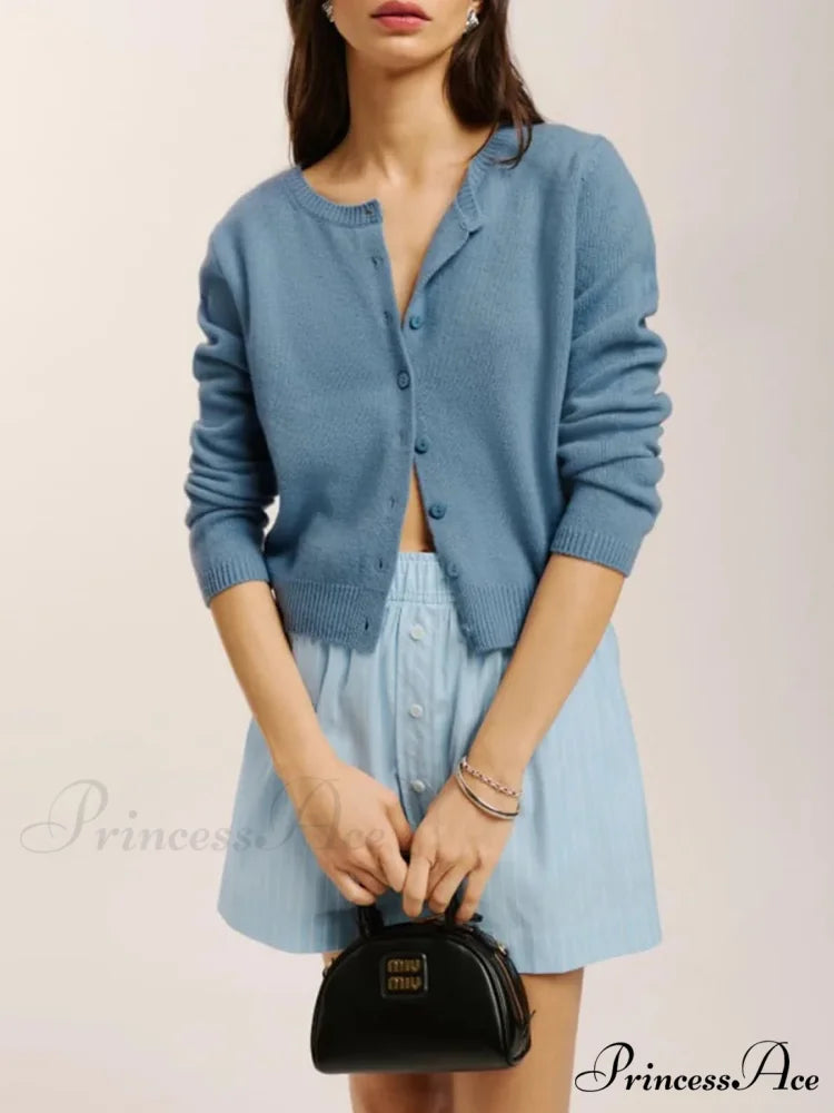 Button-Up Solid Extended Sleeve Informal Soft Knitted Cardigan Blue / S cardiagn-250126