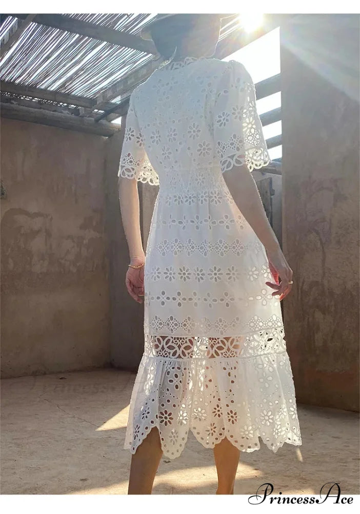 Button Up Stitched Lantern Sleeve Cotton Boho Dress bohodress-250126