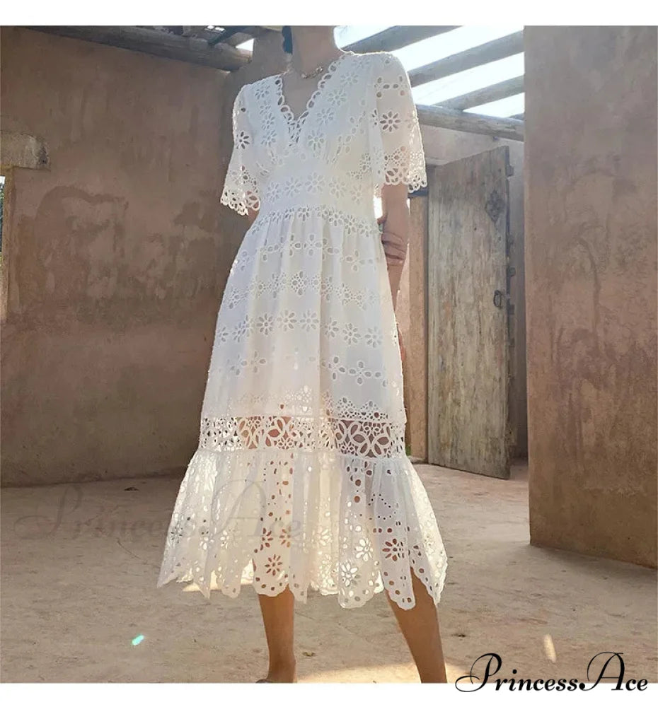 Button Up Stitched Lantern Sleeve Cotton Boho Dress bohodress-250126