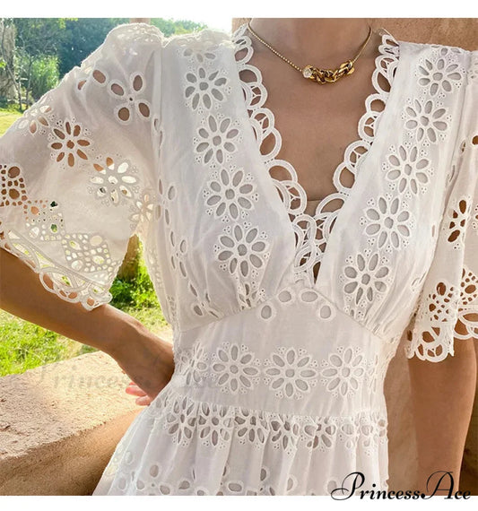 Button Up Stitched Lantern Sleeve Cotton Boho Dress off white / S bohodress-250126