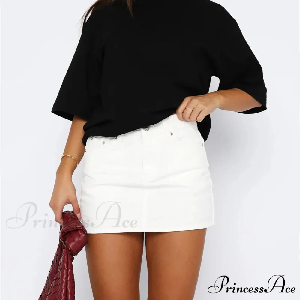 Button Up Trim Fit Denim Skirt white / S skirts-250223