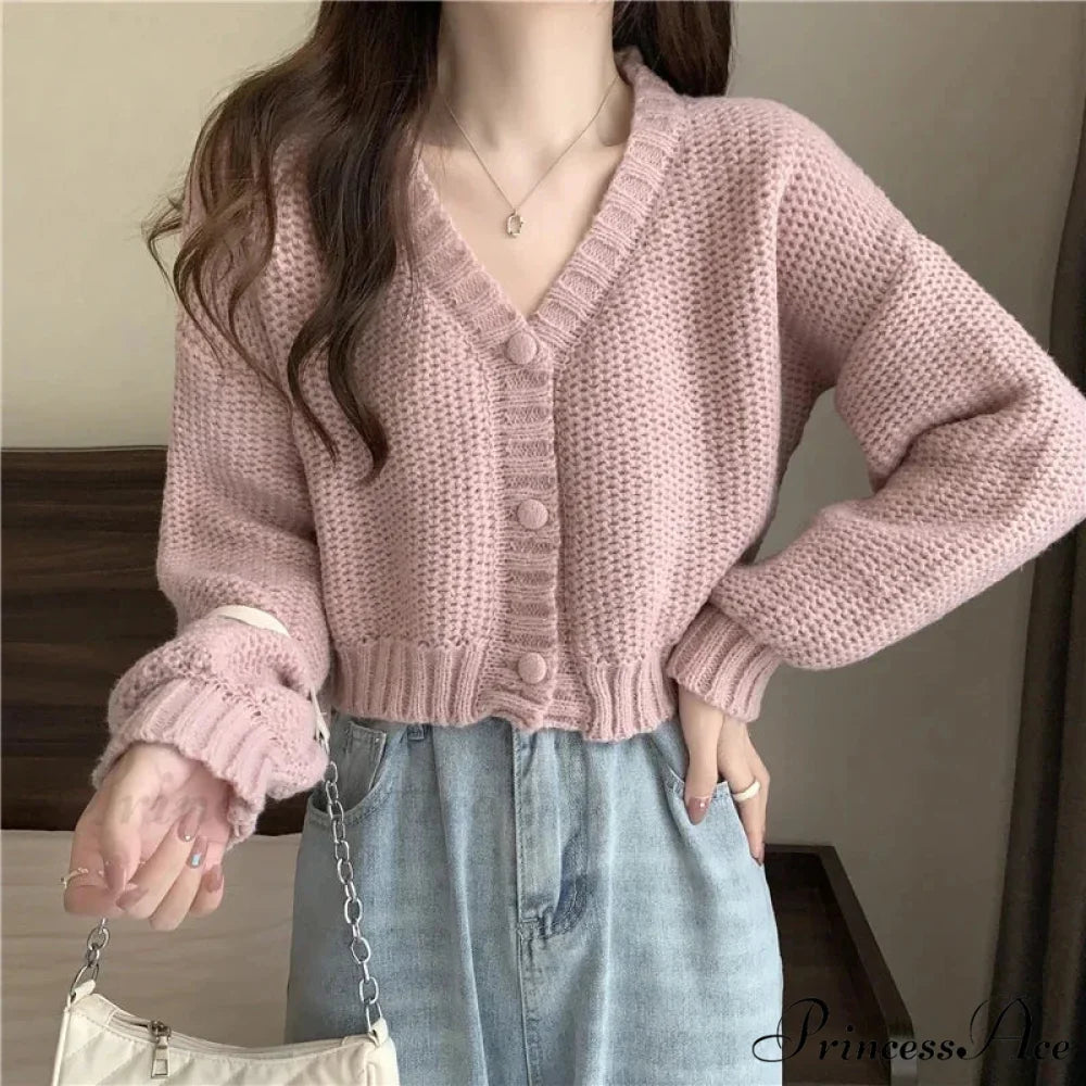 Button-Up V-Neck Charming Informal Knit Cardigan PINK / One Size cardiagn-250126