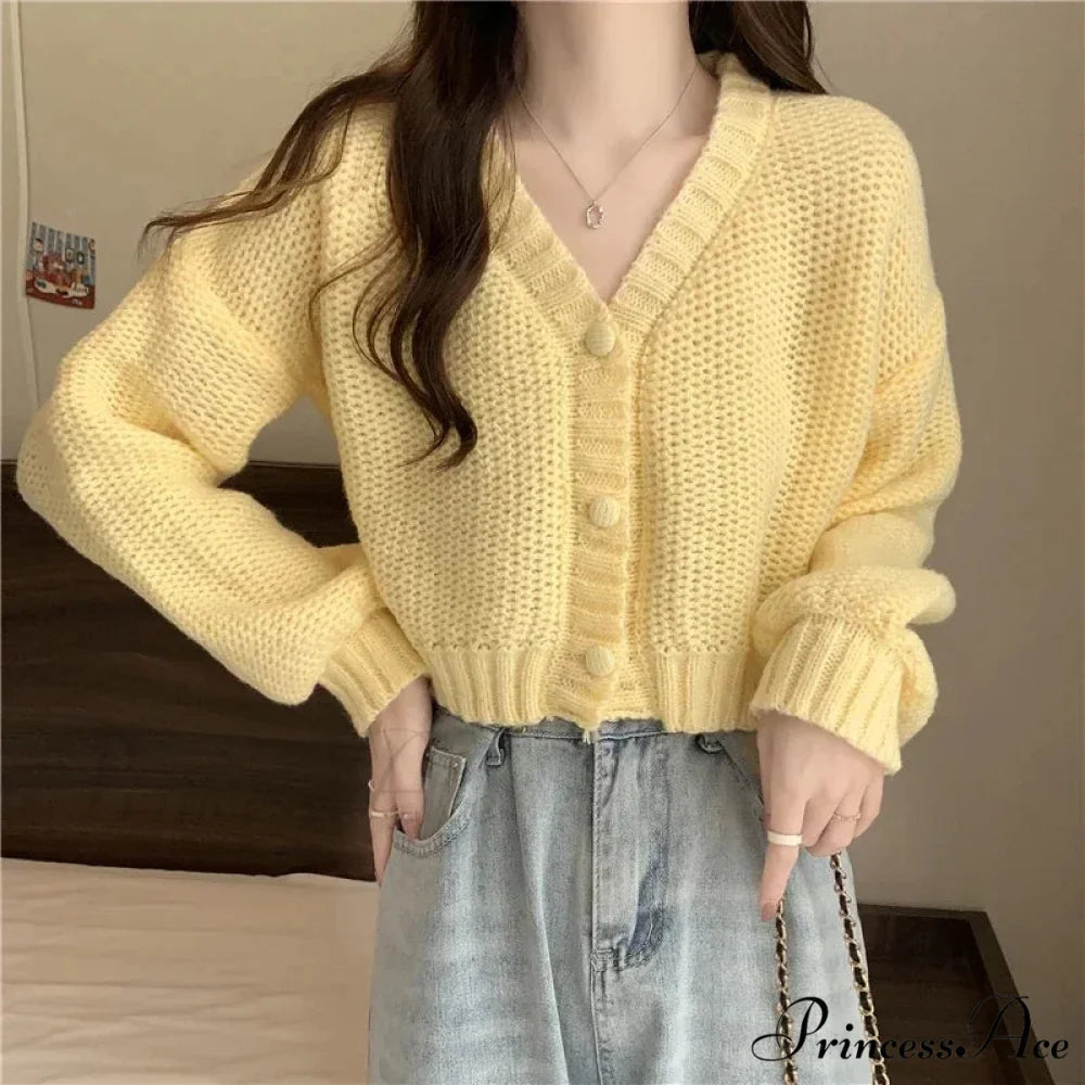 Button-Up V-Neck Charming Informal Knit Cardigan YELLOW / One Size cardiagn-250126