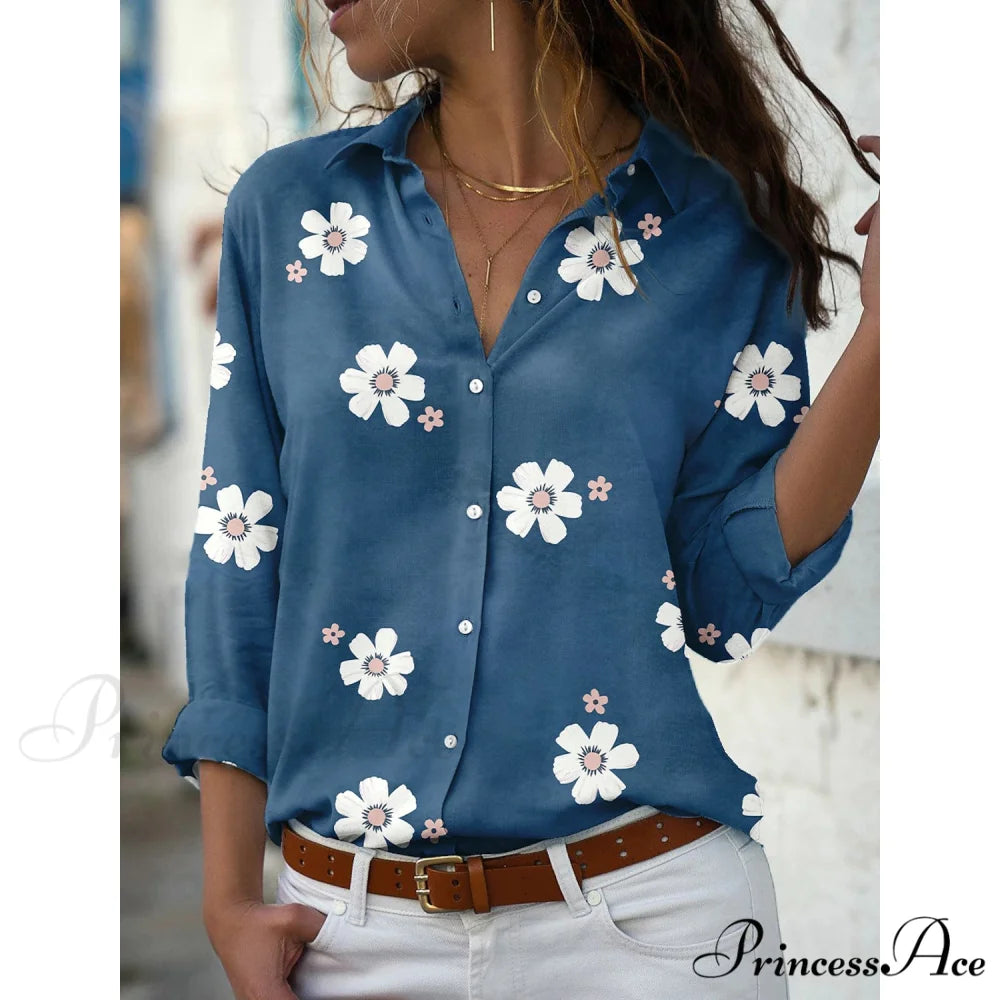 Button Women’s Flowered Blouse Top Blue / S