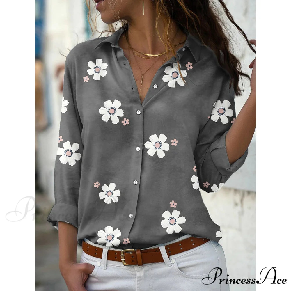 Button Women’s Flowered Blouse Top Gray / S