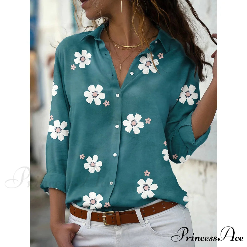 Button Women’s Flowered Blouse Top Green / S
