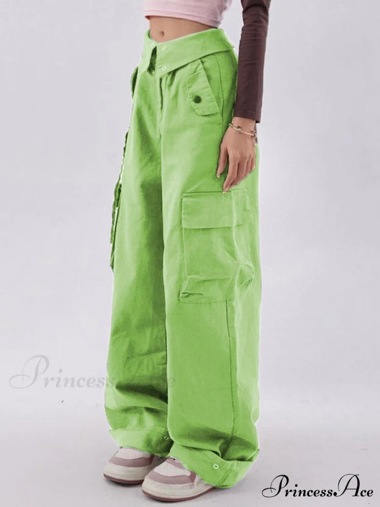 Buttoned Green Graceful Baggy Boyfriend Jeans