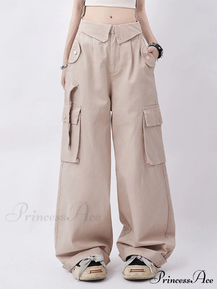 Buttoned Green Graceful Baggy Boyfriend Jeans Apricot / S