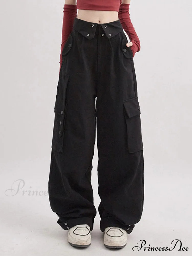 Buttoned Green Graceful Baggy Boyfriend Jeans Black / S