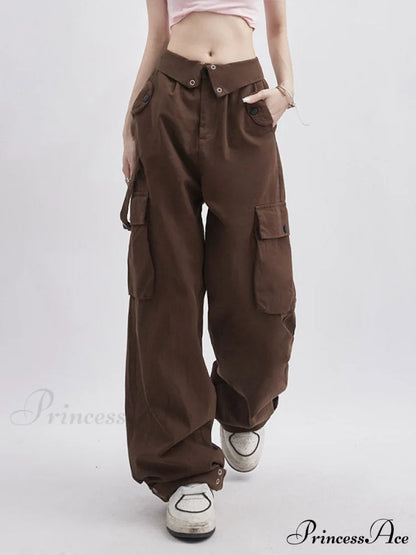Buttoned Green Graceful Baggy Boyfriend Jeans Brown / S