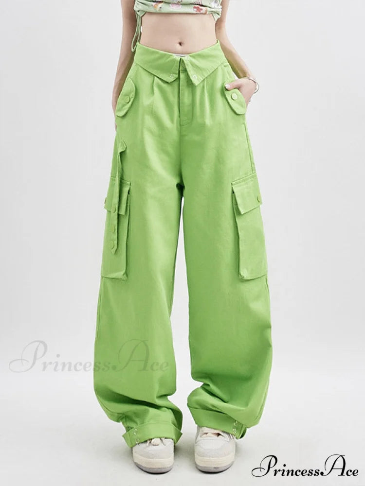 Buttoned Green Graceful Baggy Boyfriend Jeans Green / S
