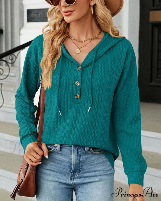 Buttoned Solid Color Hoodie Green / S