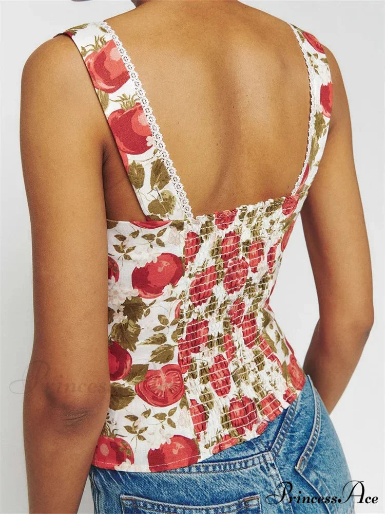 Buttoned Square Neck Lace Floral Cropped Top croptop-250126