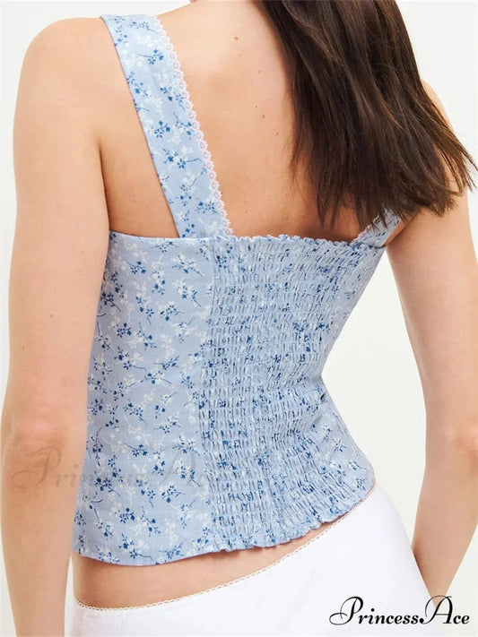 Buttoned Square Neck Lace Floral Cropped Top croptop-250126