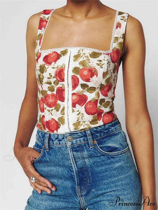 Buttoned Square Neck Lace Floral Cropped Top RED / S croptop-250126