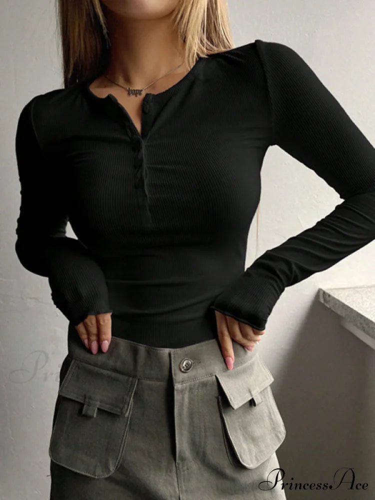 buttoned top U-neck long-sleeved knitted for women Black / S
