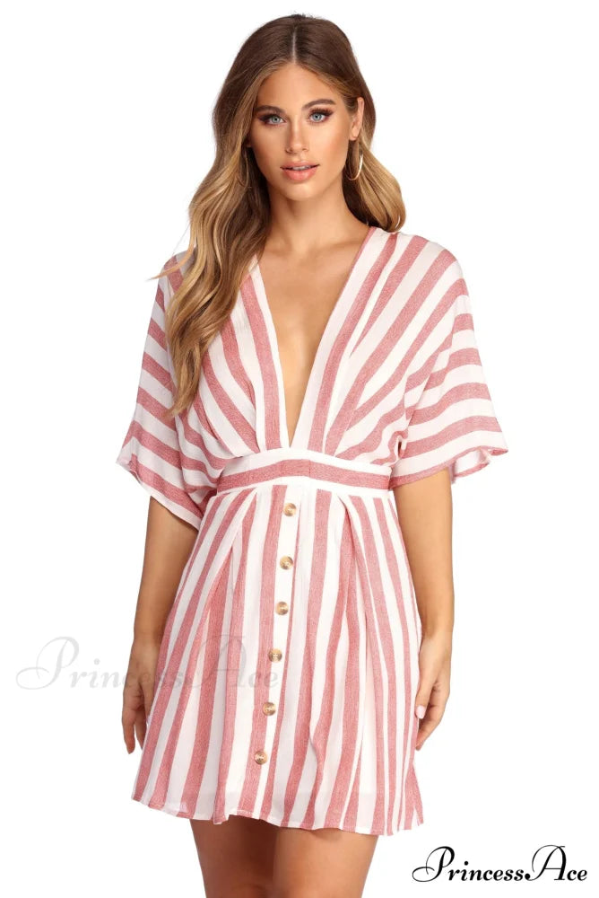 Buttoned Up Stylish In Stripes Dress RED / S