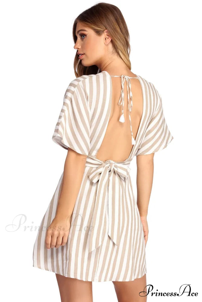 Buttoned Up Stylish In Stripes Dress TAUPE / S