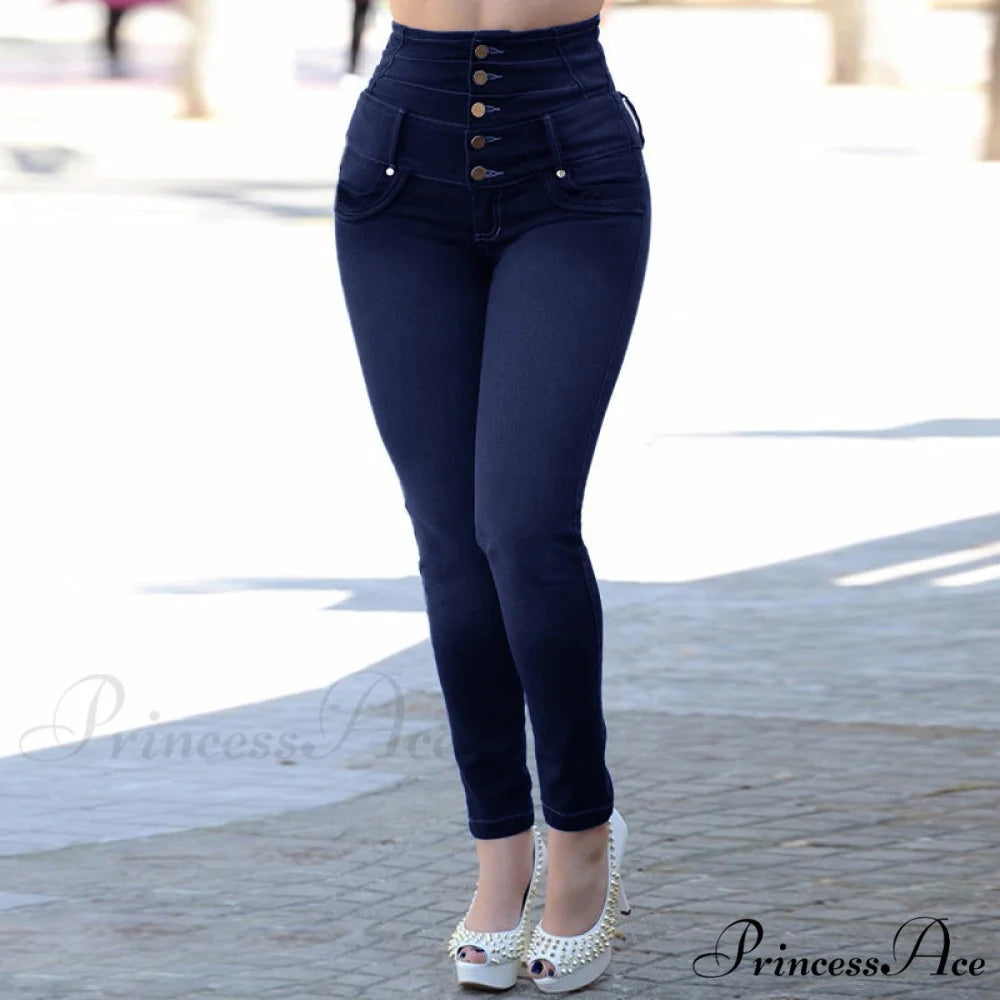 Buttons Female High Waist Jeans Blue black / S