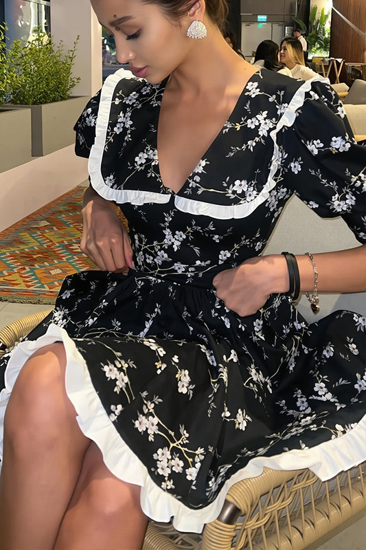 Floral Peter Pan Puff Sleeve Mini Dress