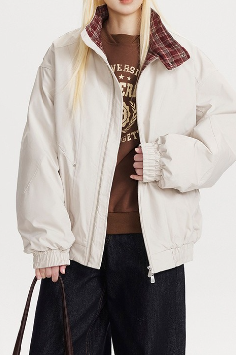 Vintage Plaid Paneled Stand Collar Loose Warm Christmas Outerwear