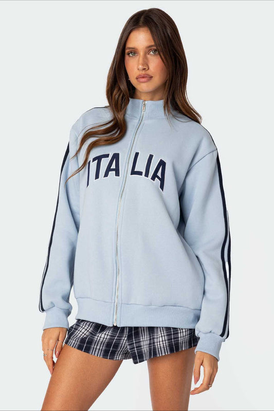 Stitched Letter Loose Mock Neck Zip Sweatshirt