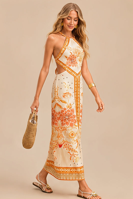 Halter Hollow Floral Maxi Boho Dress